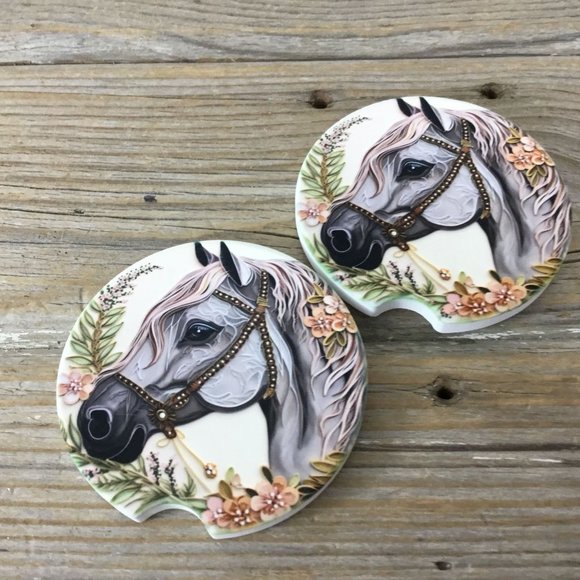 Floral Horse Paper Quilling Art Car Coasters - Set of 2 - Picture 2 of 7